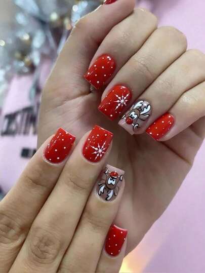 24 Pieces Of Press On Short Nails Christmas Snowflake Cartoon Elk Red False Nails Christmas Nails Short Nails Summer Nails Suitable To Wear Supplies Nail Press On Nails