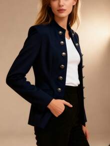 Women's Elegant Double-Breasted Casual Blazer - Women's Office Work Jacket. Stylish Long-Sleeved Jacket In Black Polyester With Flap Pockets. Faux Pockets Perfect For Office Or Casual Chic Looks. Office Jacket | Double-Breasted Jacket | Polyester Blazer - Màu xanh lam - Xem 5