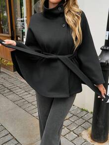 Chaqueta corta de lana de mujer de unicolor elegante para uso diario, con cuello alto, cintura ceñida, cinturón de unicolor, cierre con botones delanteros