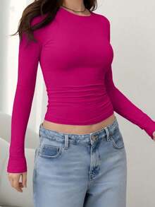 Women's Casual Slim Fit Round Neck Long Sleeve T-Shirt Spring - Hot Pink - View 5