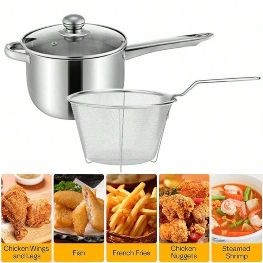 20cm Non-Stick Stainless Steel Chip Pan Fryer With Lid & Basket - Deep Frying. - Silver - View 1