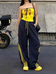 Women's Y2K Baggy Striped Sweatpants, High Waisted Wide Leg Casual Pants, Joggers With Drawstring Waist And Cuffs - màu đen - Xem 2