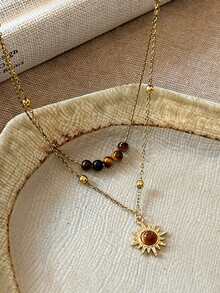 1 件复古金向日葵和虎眼石项链，分层佩戴毛衣链，锁骨项链配饰，适合派对和宴会，秋冬 - 彩色 - 查看 6