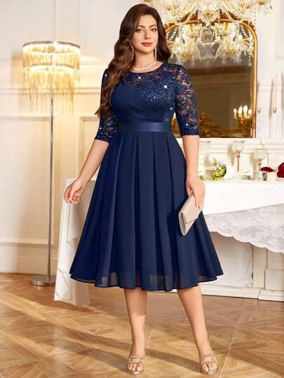 Plus Sequin Floral Lace 3/4 Sleeve Contrast Pleated Chiffon Hem Evening Formal Party Dress, Valentine's Day Dress, Wedding Guest Dress, Elegant Prom, For Birthday, Dinner, Homecoming