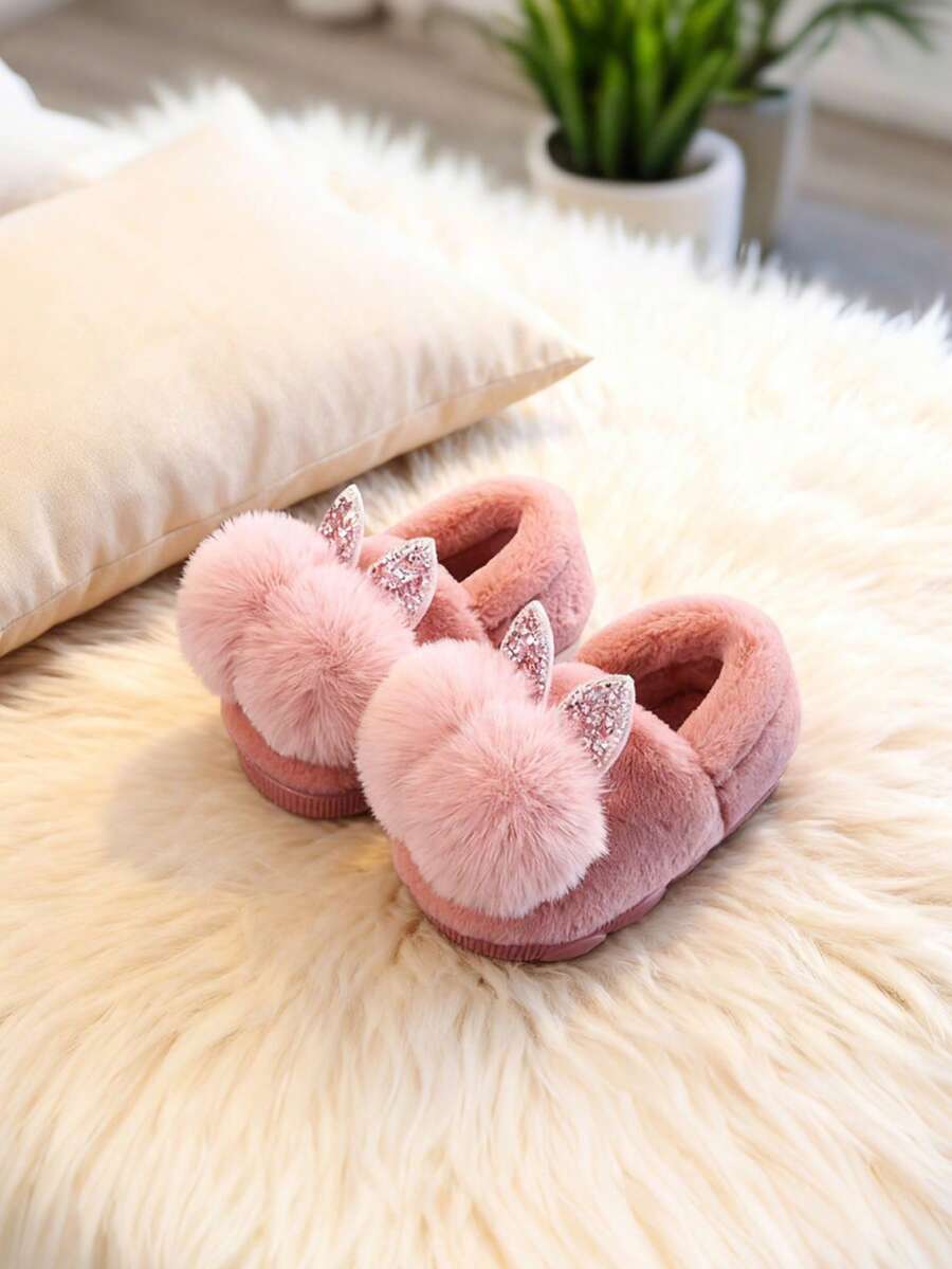 Kinder Doppelball glänzende Hasenohren warme Hausschuhe, Winterneuer Stil, süße kleine Mädchen Baby Fellhausschuhe