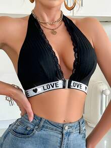 1pc Women's Black Halter Lace & Metallic Ribbon Front Closure Sexy Bra