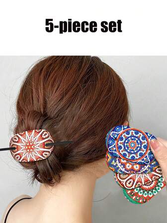5pcs Elegant Mandala Diamond Painting Hair Stick Kit, Retro Multicolor Leather Barrette, Chinese Twisted Stick, Secure Hold For All Hair Types, Versatile Updo Accessory For Various Occasions