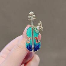 Elegant Alloy Violin Brooch With Gold Embellishment And Bow - Dark Blue To Green Gradual Change Design, - 預設 - 查看 1