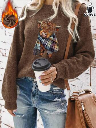 Cow With Scarf Print Plus Size Women's Casual Fashion Round Neck Warm Imitation Wool Top Warm Top, Autumn, Winter, Women's Autumn Clothing, Winter Clothing