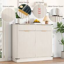 Double Tilt Out Trash Cabinet,Fluted Laundry Hamper Cabinet With 2 Drawers And Charging Station 20 Gallon Wooden Hidden Garbage Can Cabinet For Kitchen & Living Room Arc Design - White - View 3