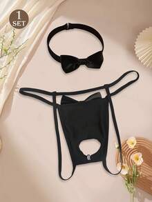 Men's Sexy Hollow Out Bowknot Black Thong With Neck Collar, Comfortable And Stylish - Black - View 2