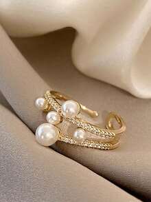 Wedding Jewelry Pearl, Double-Layered Rhinestone-Studded, Asymmetric, Adjustable Bride/Bridesmaid Open Ring, Also Suitable For Dating Or Couples Elegant - 金子 - 查看 1