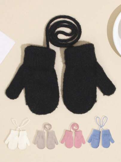 1 Pair Kids' Solid Color Plush Fingerless Gloves With Drawstring, Warm And Fashionable For Outdoor Activities And Daily Use