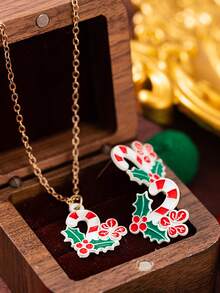 3 Pieces/Set Fashionable And Gorgeous Versatile Christmas Style Cane Pendant Necklace Earring Set Suitable For Christmas Decoration And Other Holiday Decorations As Gifts