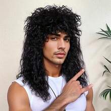 1 件 70 年代 80 年代摇滚朋克男士假发，耐热长卷发，透气网帽，适合主题派对、音乐节、万圣节和角色扮演（黑色，复古摇滚明星合成头发）长波浪黑色摇滚风格假发 - 高温纤维，水波卷曲 - 彩色 - 查看 6