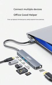 Acer Type-C 扩展坞、千兆以太网端口、USB3.0 集线器、RJ45 适配器、HDMI 4K@60Hz、PD 充电扩展坞 - 深灰色 - 查看 1