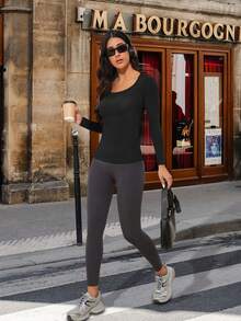 1pc Autumn/Winter Warm Crew Neck Long Sleeve Base Layer, Slim Fit Casual Activewear Yoga Outerwear Versatile Undershirt - Black - View 4