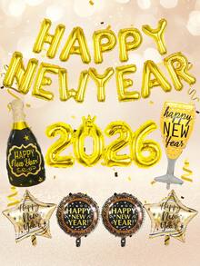 19 piezas/Set Decoraciones de Bandera de Fiesta de Año Nuevo 2026, Incluye Globos con Número 2026, Copas de Vino de Año Nuevo, Botellas de Vino, Globos de Pentágono, Globos con Letras, Adecuado para Decoraciones de Año Nuevo 2026, Suministros de Fiesta de Víspera de Año Nuevo 2026, Decoraciones Navideñas