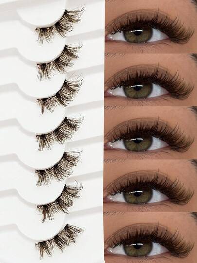 Rikuaild 7 perechi de gene maro semipermanente cu bandă transparentă, gene ochi de pisică cu aspect natural, coadă alungită, gene pufoase și subțiri, gene artificiale de nurcă, machiaj natural, potrivite pentru machiaj zilnic, machiaj pentru bloggeri de frumusețe