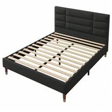Upholstered Bed, Double Bed With Slatted Base, Upholstered Bed Frame 140x200cm With Headboard, In Black Linen, For Adults And Teenagers (Mattress Not Included) - Black - View 8