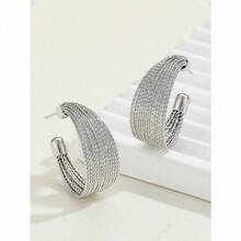 1pair Heavy Industry Drawbench Textured Light Luxury Metal C-Shaped Earrings - 復古銀色 - 查看 4