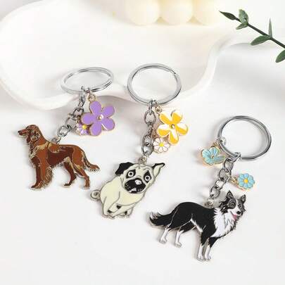 Conjunto de chaveiros de raças de cachorro - Pingentes de metal de Pug marrom e Border Collie, decorados com flores roxas, amarelas e azuis. Um acessório fofo para amantes de animais de estimação, perfeito para presentear em qualquer época do ano e para uso diário. Ideal para entusiastas de animais.