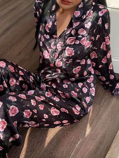 2 pezzi/Set Pigiama donna a maniche lunghe con stampa floreale