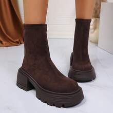 Women's Casual Thick-Soled Ankle Boots - Rear-Zip Round-Toe Boots Covered With Flannelette, All-Season Shoes, Comfortable To Wear, Featuring A Stylish Lace-Up Design With Fabric Lining Autumn And Winter New Collection - Coffee Brown - View 9