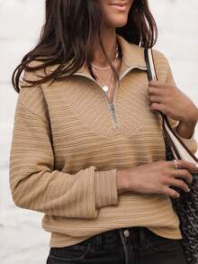 Women's Solid Color Textured Collar Zip Hem Drawstring Sweatshirt, Suitable For Daily Outings, Casual Home, Commuting, Holidays, Parties, Street Photography