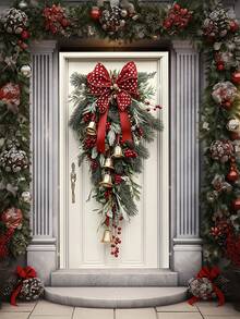 Guirlanda de Natal com laço, sinos dourados e fita vermelha, feita de poliéster, medindo 70,8 x 35,4 polegadas. Uma decoração festiva ideal para a porta de entrada e também para as celebrações de Natal e Ano Novo.