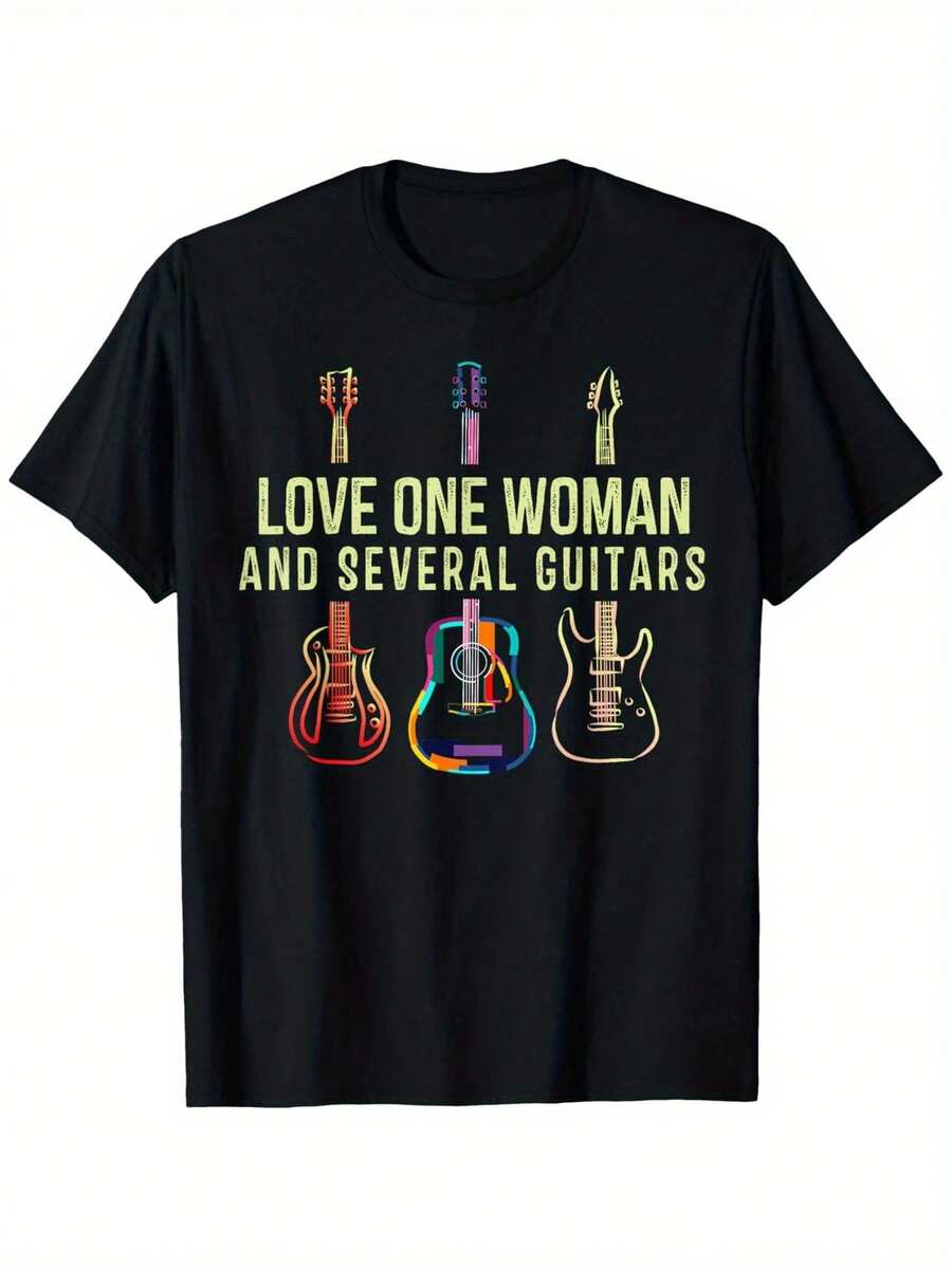 Love One Woman And Several Guitars Player Gifts Guitarist T-Shirt, Suitable For Mens & Womens Outdoor T-Shirt, 100%Cotton, S-XXXL - 黑色 - 查看 1