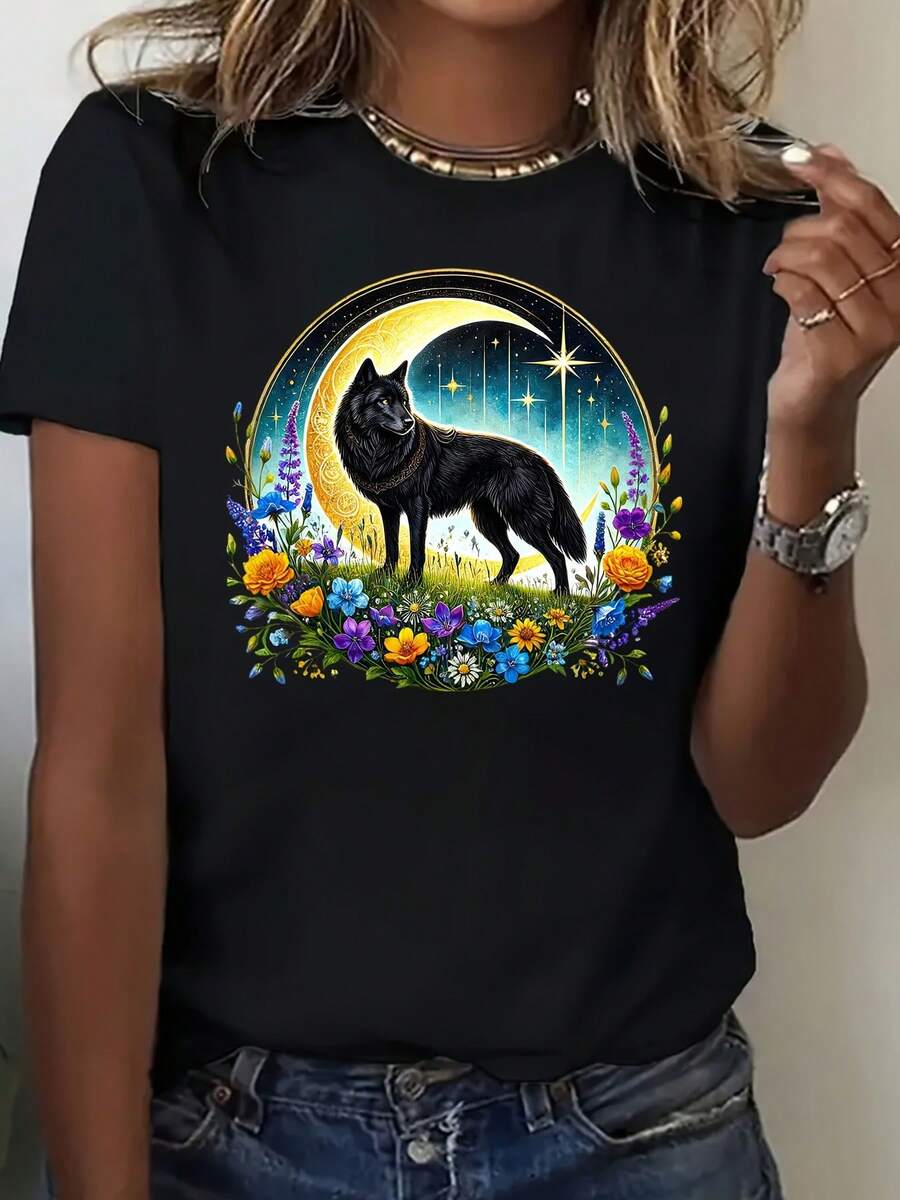 Women's Plus Size T-Shirt, Wolf Howling At Moon With Flowers And Stars Graphic T-Shirt For Women, 220g - 黑色 - 查看 1