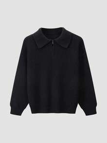 1pc Boys & Teens' Simple Solid Color Comfortable Casual Outdoor Zip-Up Warm Thick Knit Sweater, Spring/Autumn/Winter - 黑色 - 查看 5