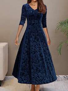 Floral Pattern V-Neck Velvet Dress, Elegant Long Sleeve Swing Dress For Spring Vacation - Blue - View 2