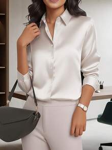 HOMEYEE Women's Solid Color Button-Up Elegant Refined Long Sleeve Business Shirt, Suitable For Professional Wear - 白色 - 查看 11