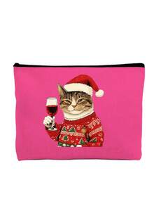 Cute Christmas Cat Holding A Red Wine Cosmetic Bag - A Cat Wearing A Christmas Hat And A Flowery Coat, A Multifunctional Storage Bag With Exquisite Printing And Unique Design, Suitable For Digital Bags, Hairdressing Bags, Swimming Bags,Bedroom Room Decor,Back To School - Multicolor - View 13
