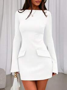 Womens Fall Long Sleeve Mini Dress Boat Neck Bodycon Knit Elegant Short New Years  Valentine Party Vacation Dresses - 白色 - 查看 4