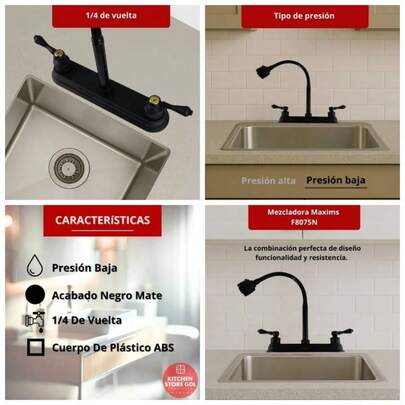 Grifo para Cocina F8075N, Mezcladora de Fregadero en Negro Mate, Operacin de 1/4 de Vuelta, Cuerpo de Metal