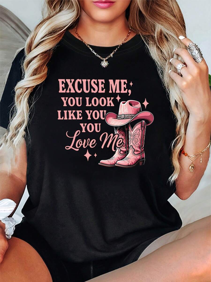 Funny Women's Country Western Style T-Shirt - "Sorry, You Look Like You Love Me" With Pink Cowboy Boot Design - Soft Round Neck Nights And Parties, Machine Washable, Zero Transparency, Comfortable, Short Sleeve, Ideal Spring, Playful Design - 黑色 - 查看 1