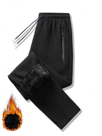 Men Drawstring Waist Thermal Lined Pants, For Fall Winter
