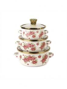 3pcs Enamel Crown Rim Milk Pot, Double Ear Pot, Enamel Bowl, Household Pot, Mini Pot, Enamel Soup Pot, Ramen Bowl, Small Hot Pot, Thick Enamel Pot, Mini Saucepan, Double Ear Electromagnetic Stove, Gas Stew Pot, Cooking Pot, Household Thick Double Ear Stew Pot, Lard Jar, Milk Pot With Lid, Dual-Use Electromagnetic Stove