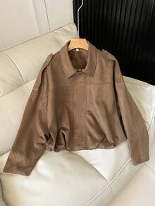 FGGG Brown Short Suede Jacket For Women Autumn Winter Stitched Collar With Long Sleeves Relaxed Fit Versatile Layering Women's Top For Casual Outings Gatherings And Commuting