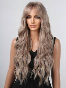 26 tum lång vågig syntetisk peruk med lugg, värmebeständig fiber naturligt utseende askblond hårstycke för kvinnor perfekt cosplay, fest, daglig användning