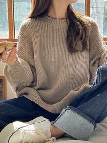 1 件女童休闲厚套头衫，秋冬舒适学生针织衫 - 柔软舒适的纯色毛衣，棕色针织毛衣 - 淺灰色 - 查看 3