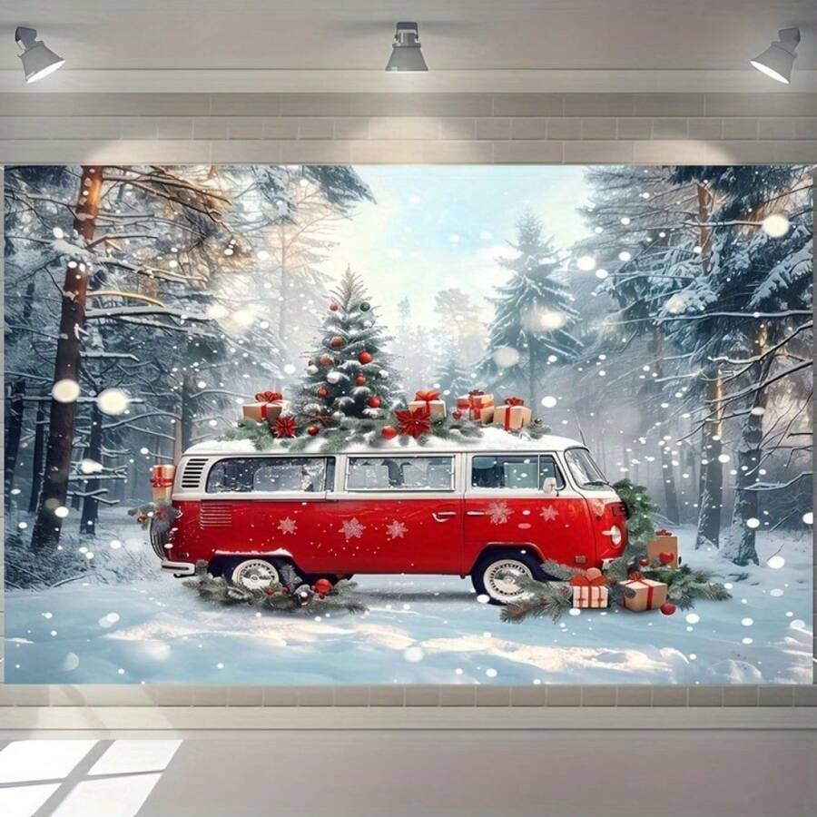 1 حافلة قديمة حمراء ديكور عيد الميلاد خلفية، مشهد غابة شتوية مع هدايا، ديكور عيد عام للحفلات، قماش للتصوير الداخلي والخارجي بدون كهرباء، لوازم حفلات، متوفر بأحجام متعددة - متعدد الألوان - مشاهدة 1