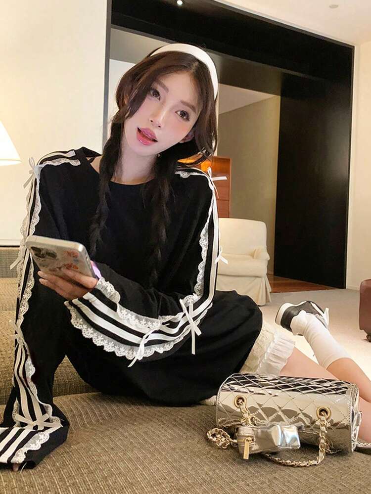 레이스 트림 스트라이프 리본 긴팔 티셔츠 여성용, 캐주얼 루즈핏 미드 기장 디자인 탑, 초가을 한국 스타일