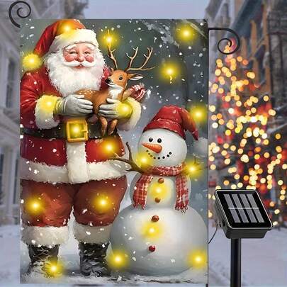 1pc Solar-Powered Garden Flag - Double-Sided Linen Merry Christmas Garden Flag - Santa Claus And Snowman Design Outdoor Lawn And Garden Christmas Decor - No Flagpole Included.