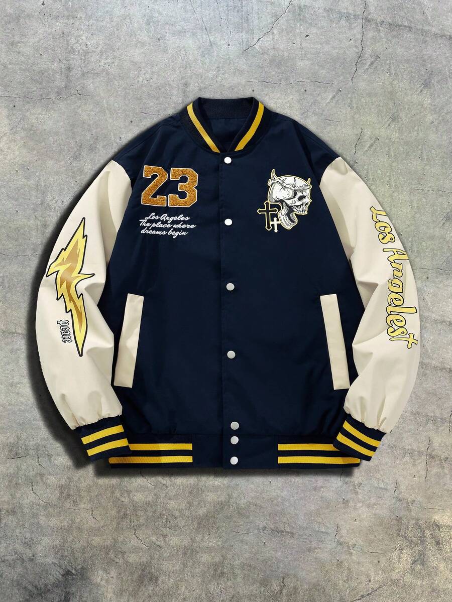 Men's Long Sleeve Casual College Style Patch Button Baseball Jacket, Fall Men Graphic Varsity Jacket, Christmas,Valentine's Day Gift