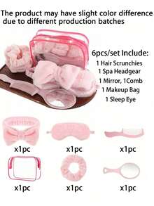 18pcs/6pcs Women's Spa Sleepover Party Supplies Set, Including 1pc Spa Headpiece, 1pc Sleep Eye Mask, 1pc Velvet Hair Band, 1pc Mirror, 1pc Comb And 1pc Transparent Makeup Bag, For Spa Parties, Sleepover Parties, Pajama Parties And Bachelorette Parties
