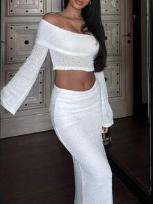 Women's 2 Piece Knit Skirt Set Off Shoulder Crop Top & Maxi Skirt Elegant Y2K Outfit Fall Winter Matching Set - 白色 - 查看 4